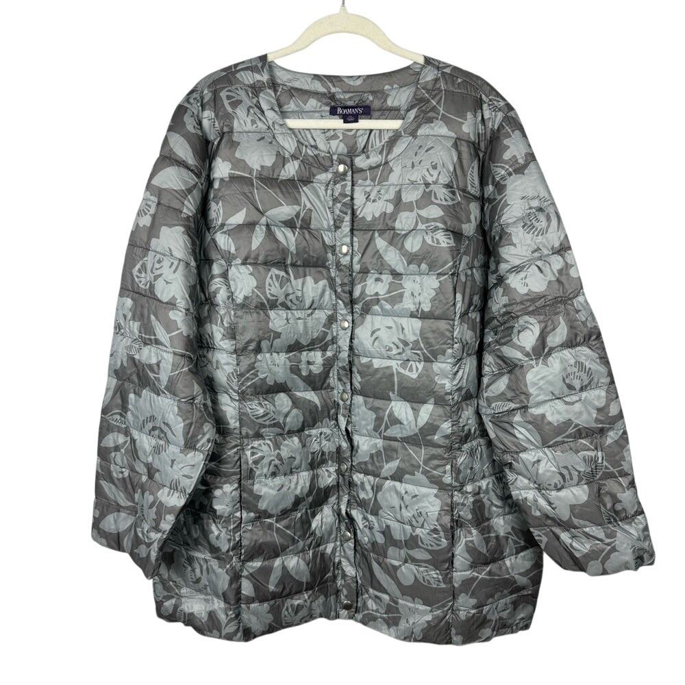 Roamans Womens Grey Floral Packable Puffer Jacket Plus Size 1X 22/24 Quilted